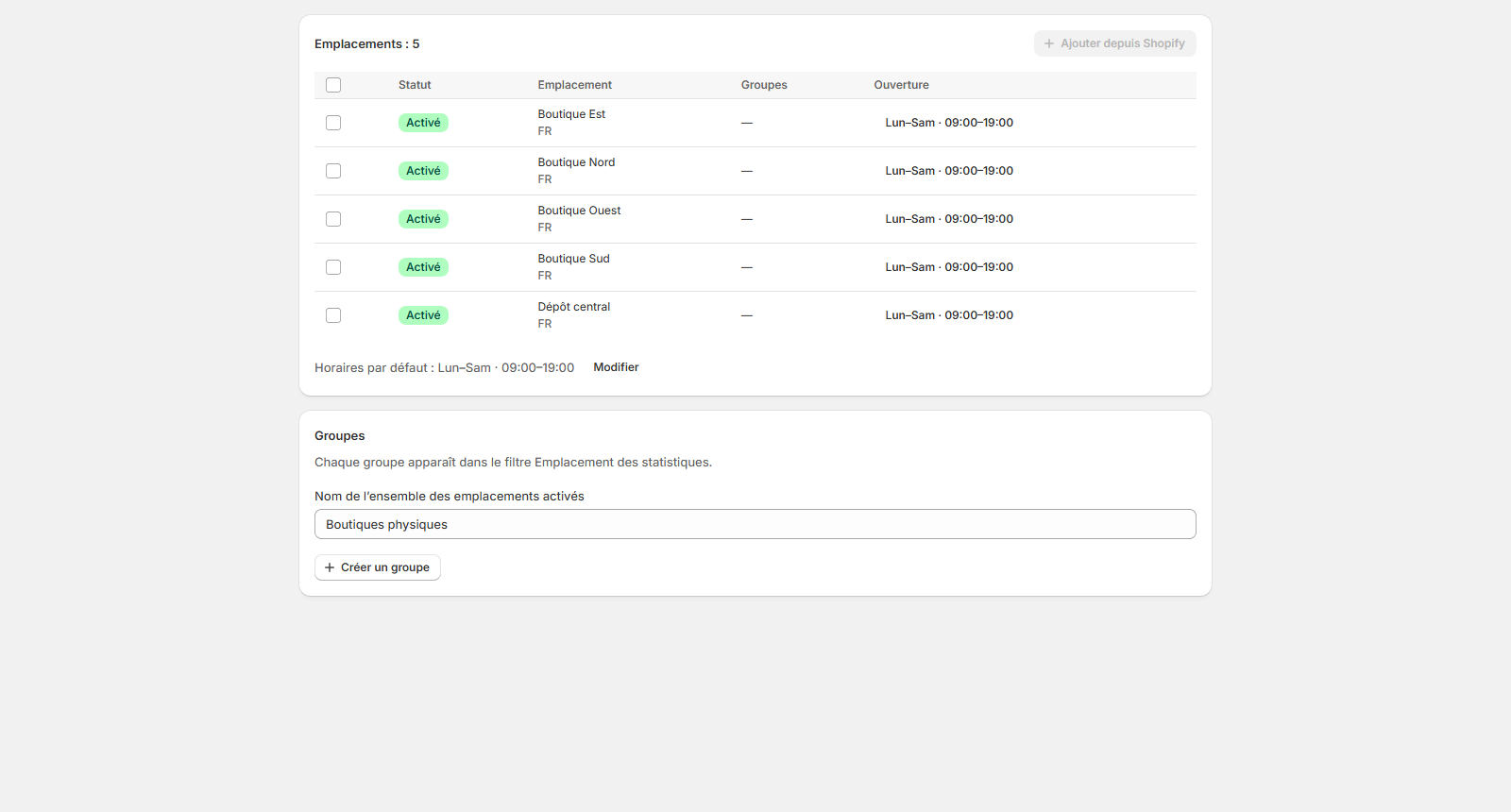 Choix des emplacements Shopify suivis dans Encaisse